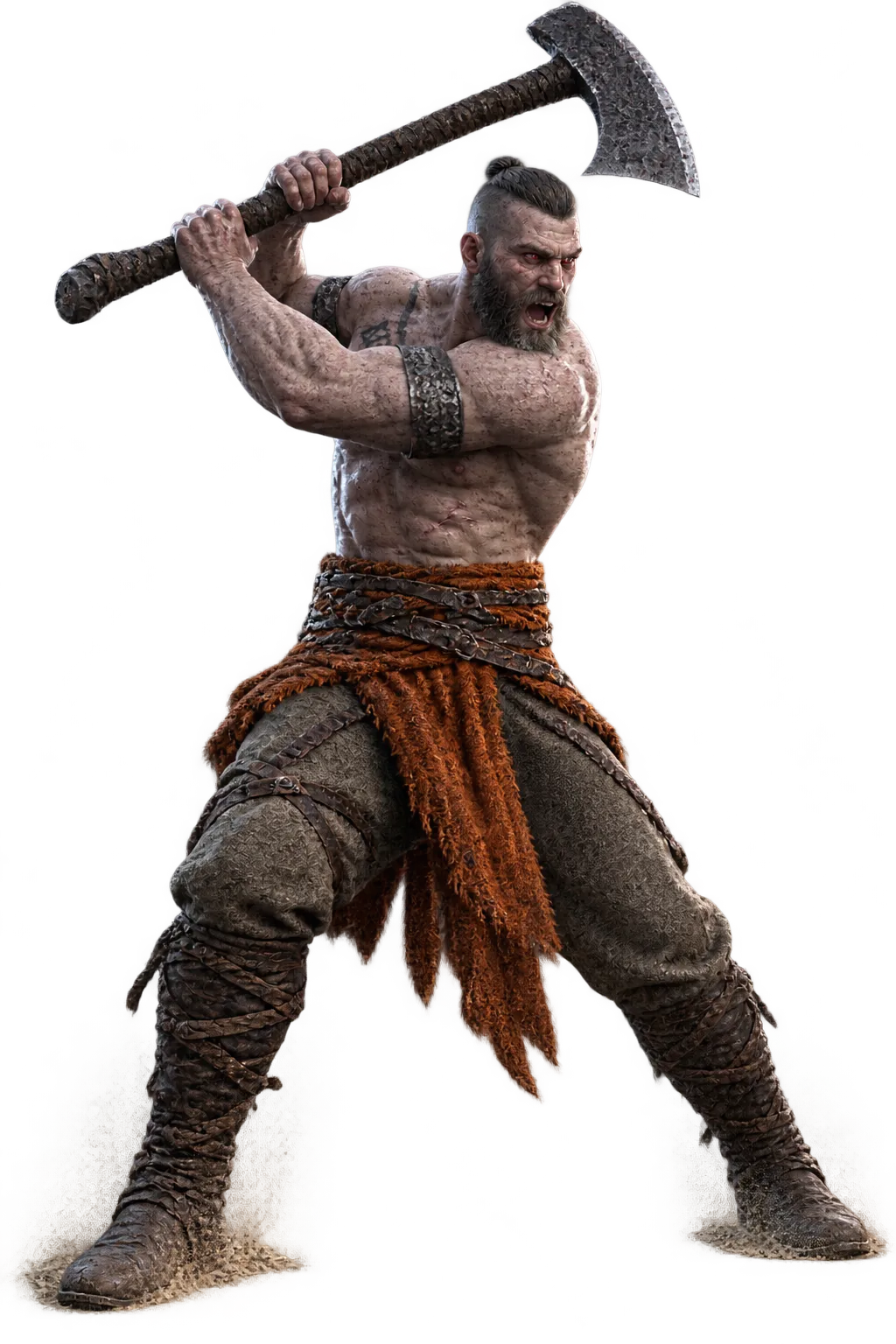 Bjarke seen from below, axe lifted over his shoulder at the top of a swing