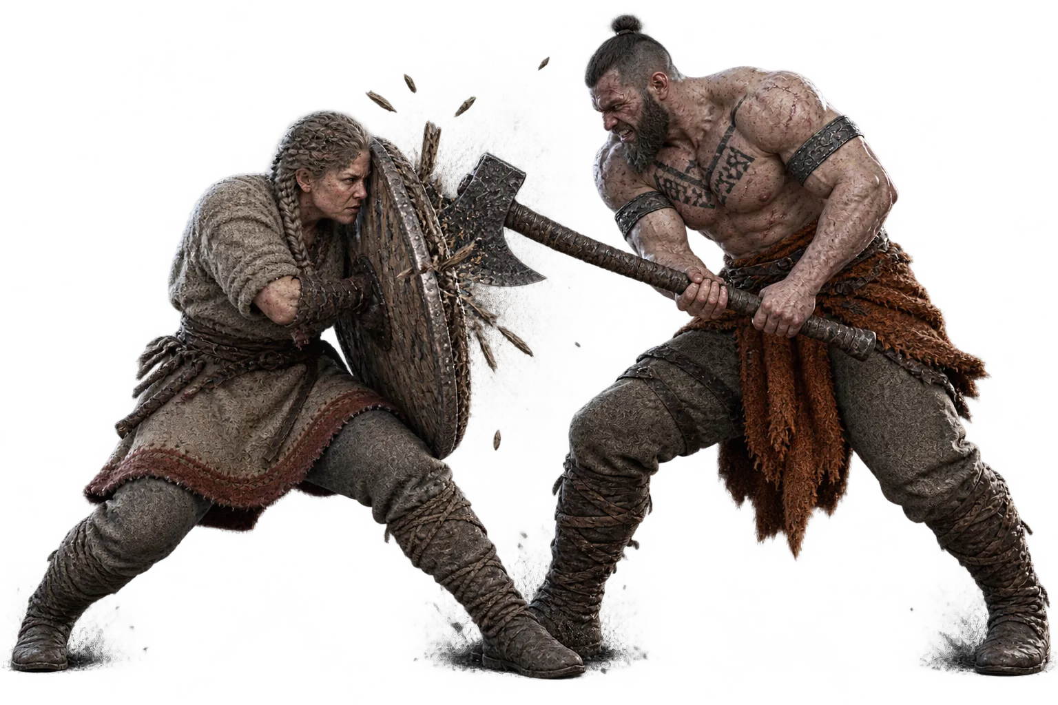 Bjarke's two-handed axe bites the rim of Sigrun's shield, splinters and black sand bursting between them
