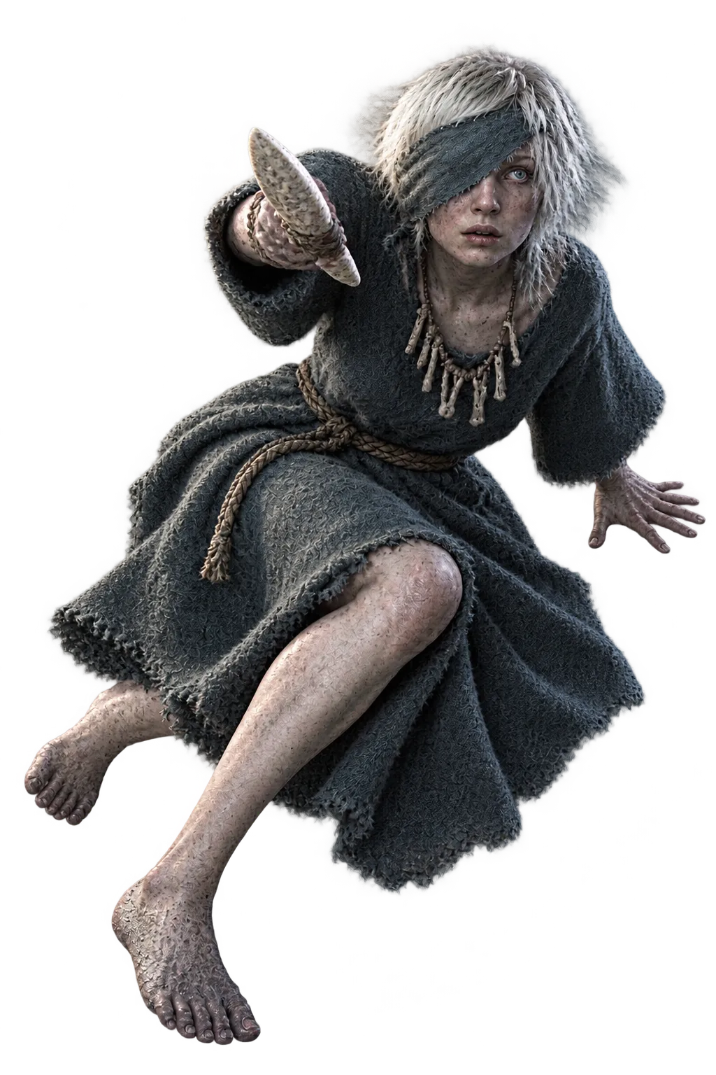 Eydis twists low on one hand after a dodge, a cloth over her right eye, a bone knife raised