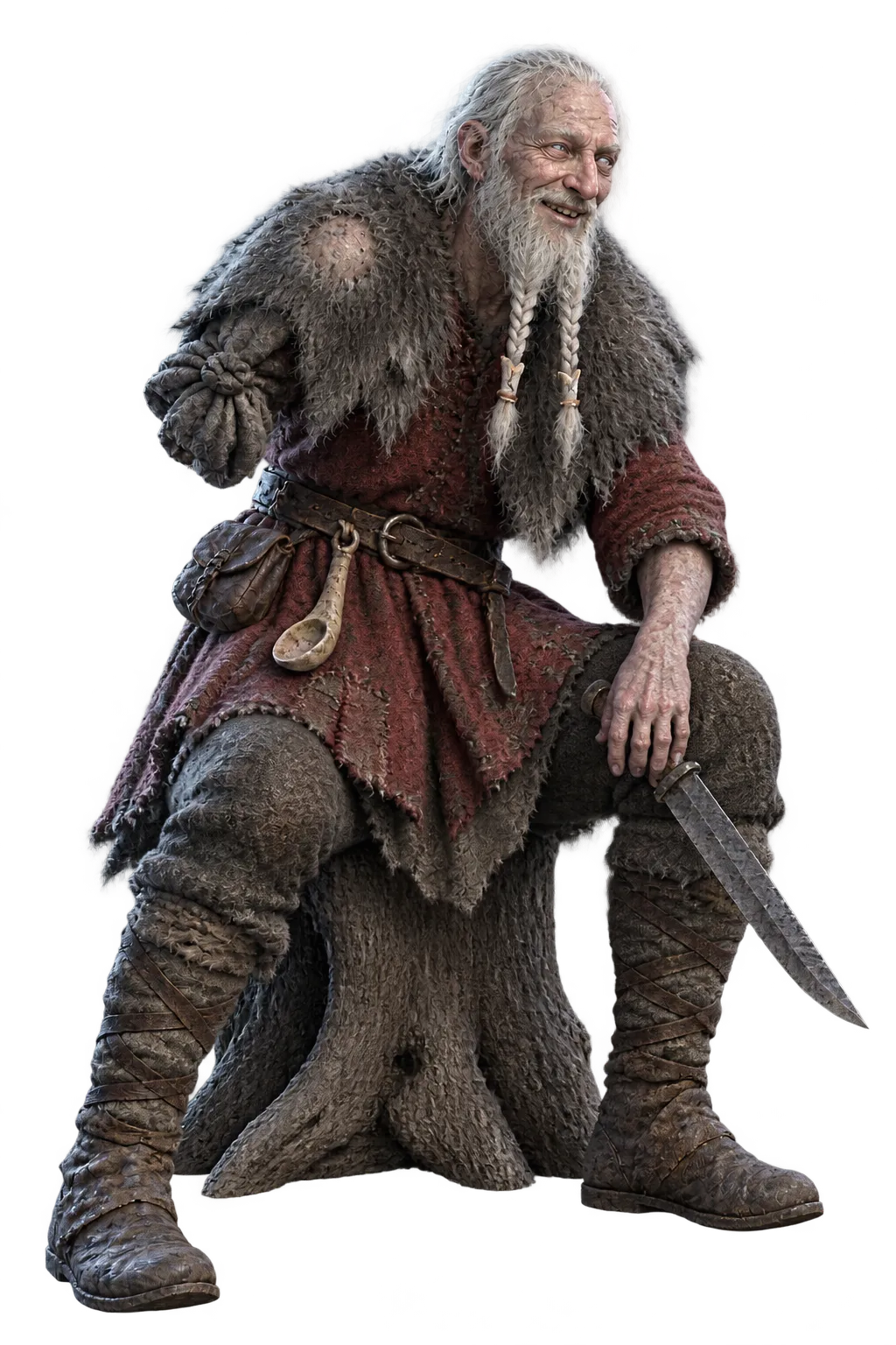 Old Ormr sitting on a driftwood stump, seax across his knee, telling a story