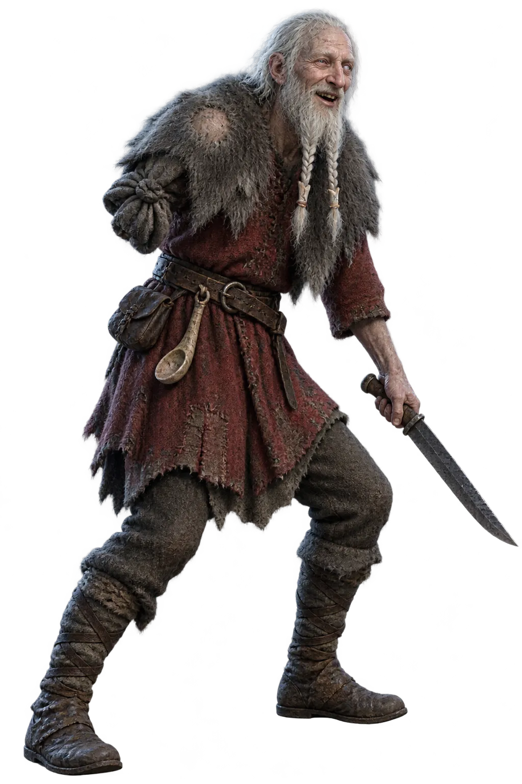 Old Ormr, one arm gone, grins mid-word with a long seax low in his left hand