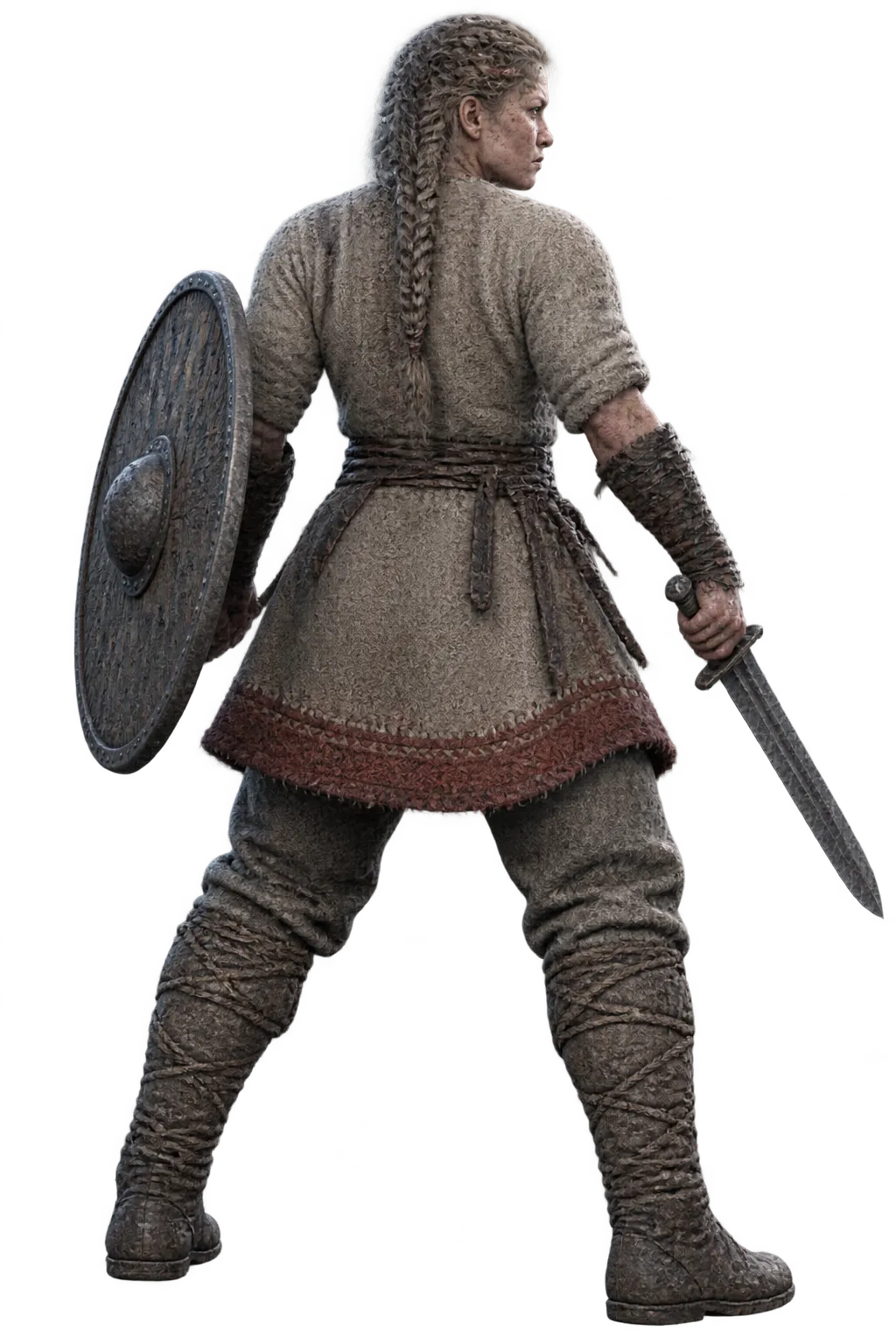 Sigrun Hallsdottir seen from behind, shield on her arm, looking across the red cloak at Bjarke