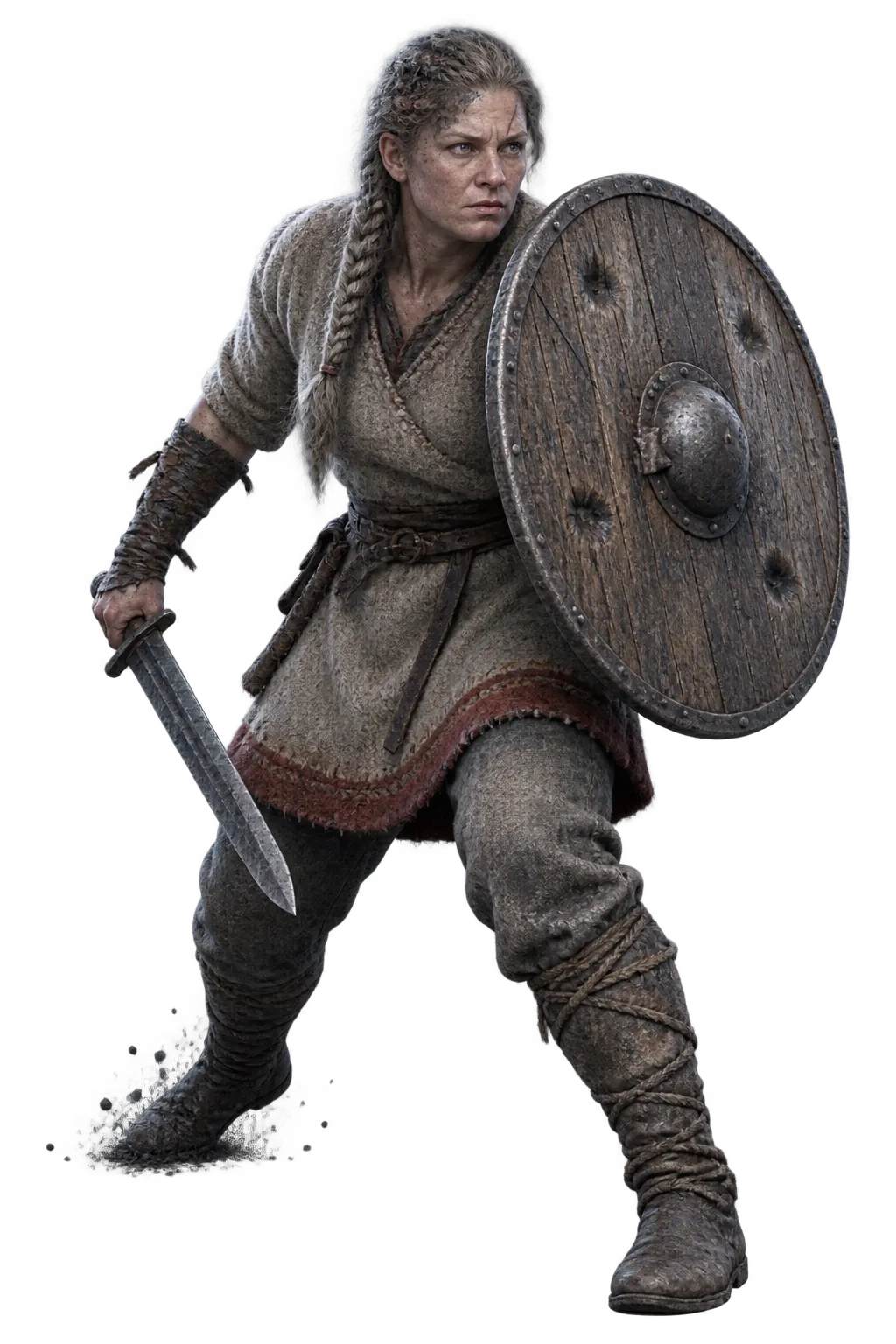 Sigrun drives her shoulder into a patched round shield, black sand kicking up from her back heel